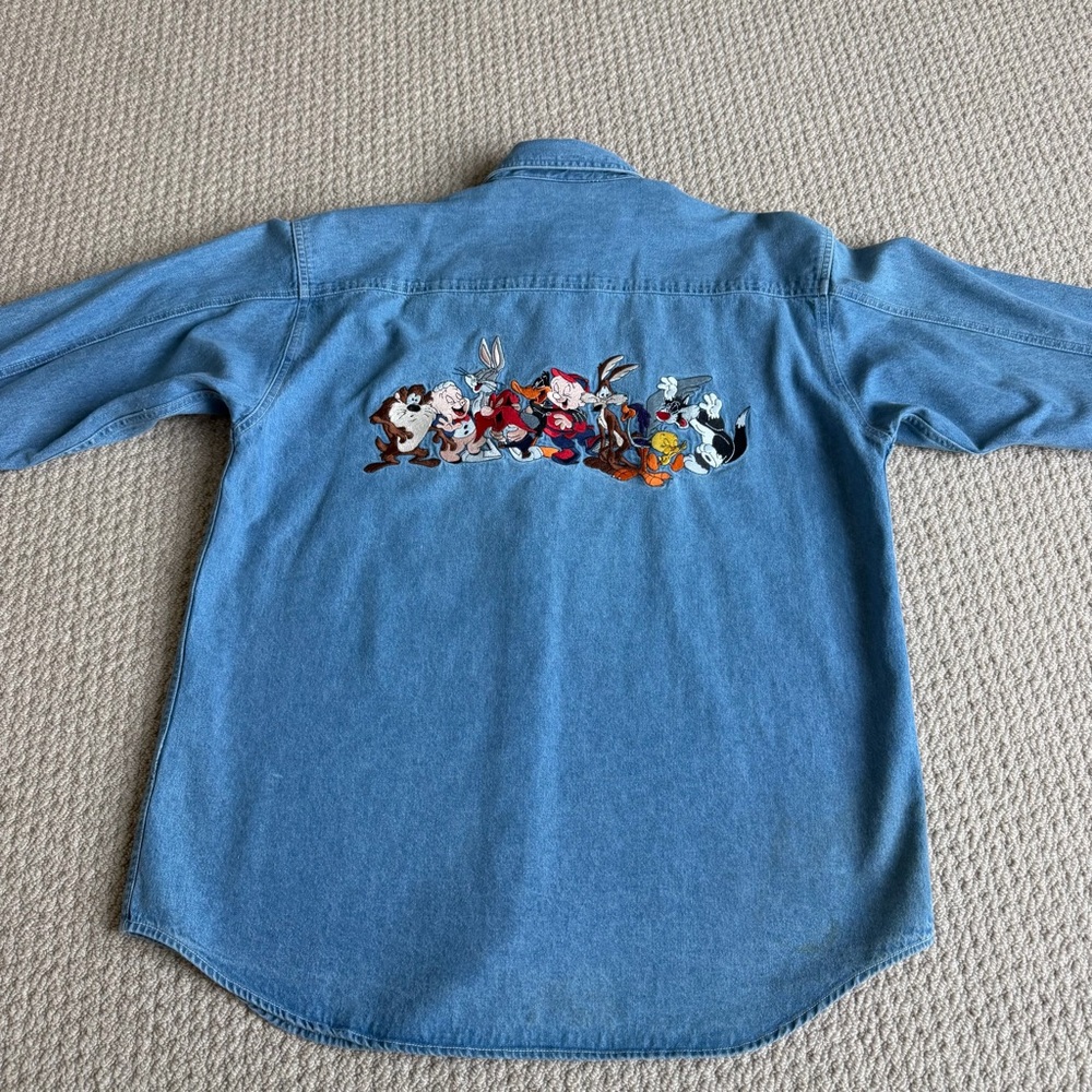 Vintage 90's Looney Tunes Denim Women's Long Sleeved Button Up Shirt Size M